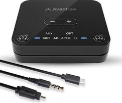 "Avantree Audikast 3" "Bluetooth 5.3" siųstuvas-imtuvas televizoriui su optiniu arba AUX garso išvestimi, "aptX Adaptive", dviguba sąsaja 2 ausinėms ir 30 metrų atstumu