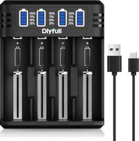 "Dlyfull 18650" įkroviklis, 4 krypčių universalus baterijų įkroviklis su LED ekranu, greitas USB-C baterijų įkroviklis, skirtas 18650 21700 17500 16340 26650 AA AAA C 3,7 V ličio jonų baterijoms 1,2 V NI-MH/NI-CD baterijai