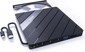 "Unitek" išorinis CD DVD įrenginys USB 3.0 Type-C CD DVD įrašymo įrenginys su SD/TF kortelių skaitytuvu ir 2 USB prievadais, optinis CD-ROM įrašymo įrenginys nešiojamiesiems kompiuteriams su "Windows