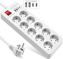 10 kelių lizdų apsauga nuo viršįtampių iki 1700 džaulių, maitinimo juosta su USB C, maitinimo juosta su jungikliu, 4 USB ir 10 lizdų, sieninis paskirstymo lizdas, "Schuko" kištukas, 1,5 m, balta