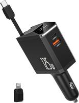 125 W automobilinis įkroviklis, cigarečių žiebtuvėlio USB C, ištraukiamas įkrovimo laidas, automobilinis įkroviklis, automobilių priedai, mobiliųjų telefonų automobilinis adapteris, cigarečių žiebtuvėlio greitasis įkroviklis, skirtas iPhone 16 15 14, Gala