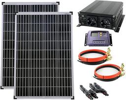 2 x 100 W poli saulės modulių rinkinys 20 A įkrovos valdiklis Geltonas įtampos keitiklis 1000 W Modifikuotas kabelio kištukas Pilnas komplektas Saulės modulių fotovoltinė salos sistema