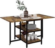 HOMCOM sulankstomas valgomojo stalas, virtuvės stalas su 2 lentynomis, 140 x 80 cm sulankstomas stalas su ratukais, valgomojo stalas 2-6 žmonėms, skirtas virtuvei, valgomajam kambariui, plienas, kaimiškai rudas