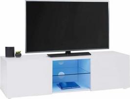 IDMarket - Televizoriaus stovas 113 cm, balta stiklo lentyna su LED