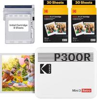 KODAK Mini 3 Retro 4Pass nešiojamasis nuotraukų spausdintuvas (7,6 x 7,6 cm) - 60 lapų pakuotė, baltos spalvos