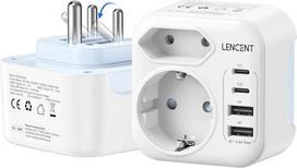 LENCENT Kelioninis adapteris IN Adapter Indija Vokietija kištukinis adapteris D tipo sulankstomas kelioninis kištukas su 2 USB-C ir 2 USB-A prievadais, skirtas Šri Lankai, Indijai, Nepalui