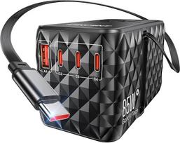 LENCENT universalus kelioninis adapteris 85 W greitojo įkrovimo, tarptautinis kelioninis kištukas su ištraukiamu USB-C kabeliu, skirtas A/C/G/I tipo (JK, ES, AU, JAV) lizdams, 1 USB-A ir 3 C tipo greitojo įkrovimo lizdai, juodas