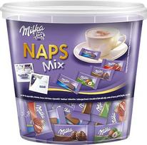 Milka Naps Mix 1x 1 kg skardinė, burnoje tirpstantys mini šokolado batonėliai iš Alpių pieno, braškių, lazdyno riešutų ir kakavos kremo