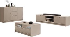 Mirjan24 Tireno I svetainės kambario komplektas, papildoma sienelė, svetainės spintelė, sieninė spintelė, briaunuoti priekiai, komplekte: Komoda, žurnalinis staliukas, TV spintelė (smėlio smėlio spalvos)