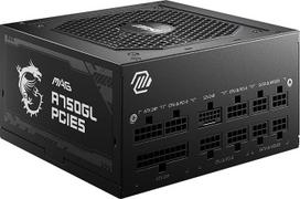 MSI MAG A750GL PCIE5 maitinimo šaltinis, 750 W, 80 Plus Gold, visiškai modulinis, ATX 3.0, palaiko PCIe 5.0 GPU, 120 mm FDB ventiliatorius su dinaminiais rutuliniais guoliais, "Full-Bridge LLC", juodi plokšti kabeliai