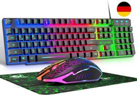 QWERTZ Vokiškas DE išdėstymo laidinis žaidimų klaviatūros ir pelės rinkinys 104 klavišų rinkinys LED vaivorykštės spalvų apšvietimas 2400 DPI 6 mygtukų pelės klaviatūra ir pelė, suderinama su PC PS5 PS4 Xbox Black