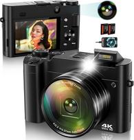Skaitmeninis fotoaparatas 4K automatinio fokusavimo fotoaparatas Skaitmeninis fotoaparatas su asmenuke 64MP 16X priartinimas nuo drebėjimo, fotoaparatas su integruota blykste paaugliams pradedantiesiems, 2 baterijos ir įkroviklis (be SD kortelės)