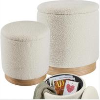 tectake® 2 taburečių rinkinys su laikymo vieta, Bouclé Teddy audinys Scandi Pouf, apvali minkšta taburetė tualetiniam staliukui, miegamajam, svetainės baldams, prieškambario baldams, laikymo taburetei Living