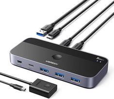UGREEN USB C jungiklis 2 vnt. USB 3.0 jungiklis su 1 x USB C prievadu ir 3 x USB A prievadais, 2 įvesties ir 4 išvesties USB-C jungiklis USB jungiklis aliuminio korpusu su 2 USB-C ir A/C kabeliais klaviatūrai, pelei, spausdintuvui, USB atmintinėms