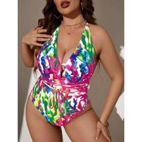 2025 Large Plus Size One Piece Swimsuit Women V-neck Printed Swimwear Female Bathers Bathing Swimming Swim Suit Beachwear 0XL karšta rožinė spalva