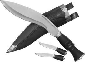 3x Kukri Gurkha peilių rinkinys - 1 didelis peilis - 2 maži peiliai su dėklu, juodos / sidabrinės spalvos