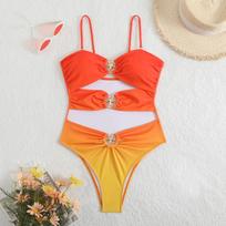 Sexy Orange Gradient One Piece Swimsuit Women 2025 Hollow Starfish Metal Desginer Pleate Swimwear Beach Bathing Suit Monokini S oranžinė