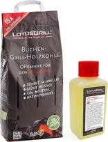 "LotusGrill" buko medžio anglis 2,5 kg maišelis su "LotusGrill" kuro pasta 200 ml, abu skirti kepti ant grotelių su "LotusGrill" su mažo dūmingumo žarijomis.