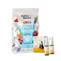 DOLINA NOTECI Premium Junior Lamb - džiovintas ėdalas šunims 4kg + Lab-V ADE Complex - vitaminų A, D ir E kompleksas šunims ir katėms