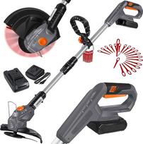 MASKO® Akumuliatorinė žolės žoliapjovė su 20 V Li akumuliatoriumi, 2,0 Ah akumuliatoriumi ir įkrovikliu, krūmapjove, 26 cm pjovimo apskritimu, 180° pjovimo kampu, teleskopine rankena ir papildoma rankena, įskaitant 20 plastikinių peilių pilkos spalvos