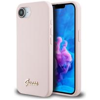 GUESS Silicone Script Metal Logo MagSafe Case for iPhone 16e, Pink
