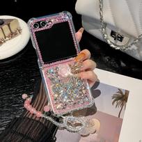 For Samsung Galaxy Z Flip 6 5 4 3 5G F7110 F7070 Cute Elegant Crystal Butterfly Flower Diamond Pearl Wrist Phone Case Cover For Z FLIP 4