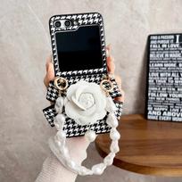 New 3D Flower Houndstooth Folding Phone Case With Bracelet for Samsung Galaxy Z Flip 6 5 4 3 Galaxy Z Flip4