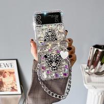 Madingas įbrėžimams atsparus telefono dėklas su metaline rankos grandinėle, skirtas Samsung Galaxy Z Flip 5 6 4 3 2 - Blizgantis deimantinis leopardas For Galaxy Z Flip 3