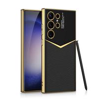For Samsung Galaxy S23 S24 S25 Ultra Case Luxury Leather Gold Electroplating Frame Cover Soft Edge S24Ultra Protection Cover For Galaxy S24 Ultra&Only Case (No Pen)