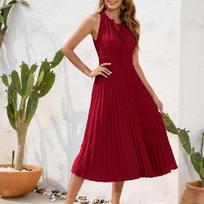 GMXIA Tie High Waist Pressure Pleated Hairball Dress Sleeveless Summer Dresses Casual Holiday Travel Dresses S tamsiai raudona spalva