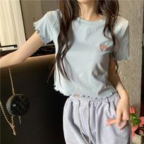 Short Student Top Summer New Short-sleeved Embroidered Fungus Edge Slim-fit T-shirt M