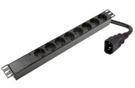 Maitinimo panelė spintai 19" (8x220V Schuko, įeinanti jungtis C14, plastikinis korpusas, 2m kabelis)