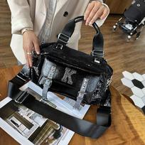 2023 m. madinga rankinė su blizgučiais ir deimantais - didelės talpos minkštos odos rankinė ant peties ir per kūną juoda