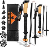 ALPENFUX® Premium sulankstomos turistinės lazdos, trekingo lazdos, šiaurietiškojo ėjimo lazdos, lengvos ir reguliuojamos, su spaustuvu ir kamštine rankena, skirtos vyrams ir moterims, juodos, oranžinės spalvos