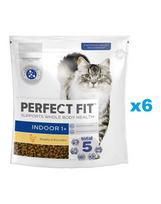 PERFECT FIT Indoor 1+ 6x750 g sausas visavertis pašaras suaugusioms katėms, kuriame gausu vištienos