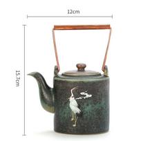 Japoniškas šiurkščios keramikos arbatinukas – Retro keraminis Kung Fu virdulys su rankomis tapytu gervės dizainu Teapot