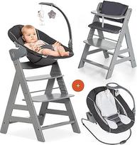 hauck Alpha Plus Newborn Set Deluxe - Baby Holz Hochstuhl ab Geburt mit Liegefunktion - inkl. Aufsatz für Neugeborene & Sitzpolster - mitwachsend, verstellbar - Grau