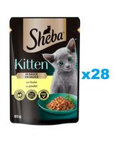 SHEBA Kitten 28x85 g drėgnas visavertis kačiukų maistas su vištienos gabaliukais padaže