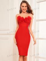 2024 Red Floral Tube Top Slim Bandage Dress for Evening & Wedding Events Small raudona