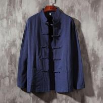 Vyriški medvilnės ir lino marškiniai su sagomis kiniško stiliaus, retro ilgomis rankovėmis, pavasariui ir rudeniui 3XL/Weight 150-165 jin tamsiai mėlyna spalva