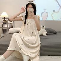 Summer Crepe Nightdress: Women's Cute, Sweet, Medium-Length Sling, Plus Size Homewear XXL ryškiai rožinė