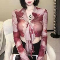 Women's Hot Girl Tie-Dye V-Neck Long-Sleeve High-Waist Sexy Slim Fit Shirt M for ~105 lbs