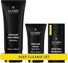 "Lumin" - "Smooth Operator Detox Trio" - vyrų odos priežiūros rinkinys, į kurį įeina: Sudėtyje: medžio anglies veido prausiklis "Daily Detox", medžio anglies šveitiklis "Deep Detox" ir kasdienis veido drėkiklis, tinka visų tipų odai, dviejų mėnesių rinkin