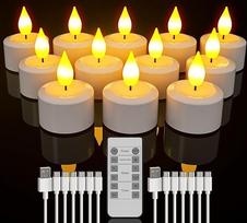 "SoulBay" įkraunamos arbatos lemputės, 12 įkraunamų žvakių pakuotė su nuotolinio valdymo pulteliu ir laikmačiu, LED žvakės su 2 USB kabeliais, skirtos stalo vakarėlių kambariui Helovino Kalėdų dekoracijoms