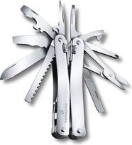 "VICTORINOX Swiss Tool Spirit X", 24 funkcijų daugiafunkcis įrankis su užrakinamais ašmenimis ir kombinuotomis adatinėmis replėmis, odinis dėklas, sidabrinės spalvos