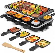 2-in-1 Raclette Grill, Raclette for 8 People, 1300 W Electric Grill with 1 Reversible Non-Stick Grill Plate & 8 Mini Cheese Raclette Pans & 1 Wooden Spatula, for Indoor Family Celebrations and BBQ