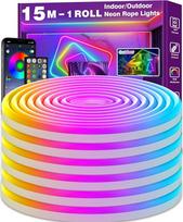 AILBTON 15 m neoninė LED juosta, lanksčios juostelės, valdymas programėle / nuotolinio valdymo pulteliu, keli režimai, IP65 lauko RGB žibintai, atsparūs vandeniui, muzikos sinchronizavimas Žaidimų LED juostos žibintai, skirti miegamajam, patalpoms