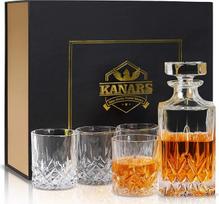 KANARS 5 dalių viskio karafų rinkinys, 750 ml viskio dekanteris su 4 x 300 ml stiklinėmis, bešvinio krištolo taurės, graži dovanų dėžutė, aukšta kokybė