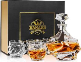 KANARS viskio karafos ir taurių rinkinys, viskio dekanteris 750 ml su 4 x 320 ml stiklinėmis, krištolo stiklo viskio taurė, aukštos kokybės, prabangi dovana, 5 dalys