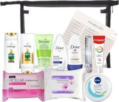 Kelioninis tualeto reikmenų rinkinys moterims - būtiniausių tualeto reikmenų rinkinys kelionėms, ligoninei, bespalvis, kelioninė kosmetinė, skaidrus, kelioninis kosmetinis krepšelis
